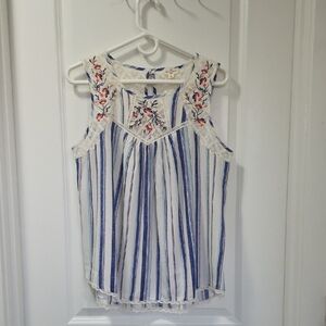 Embroidered Sleeveless Top with Blue Stripes